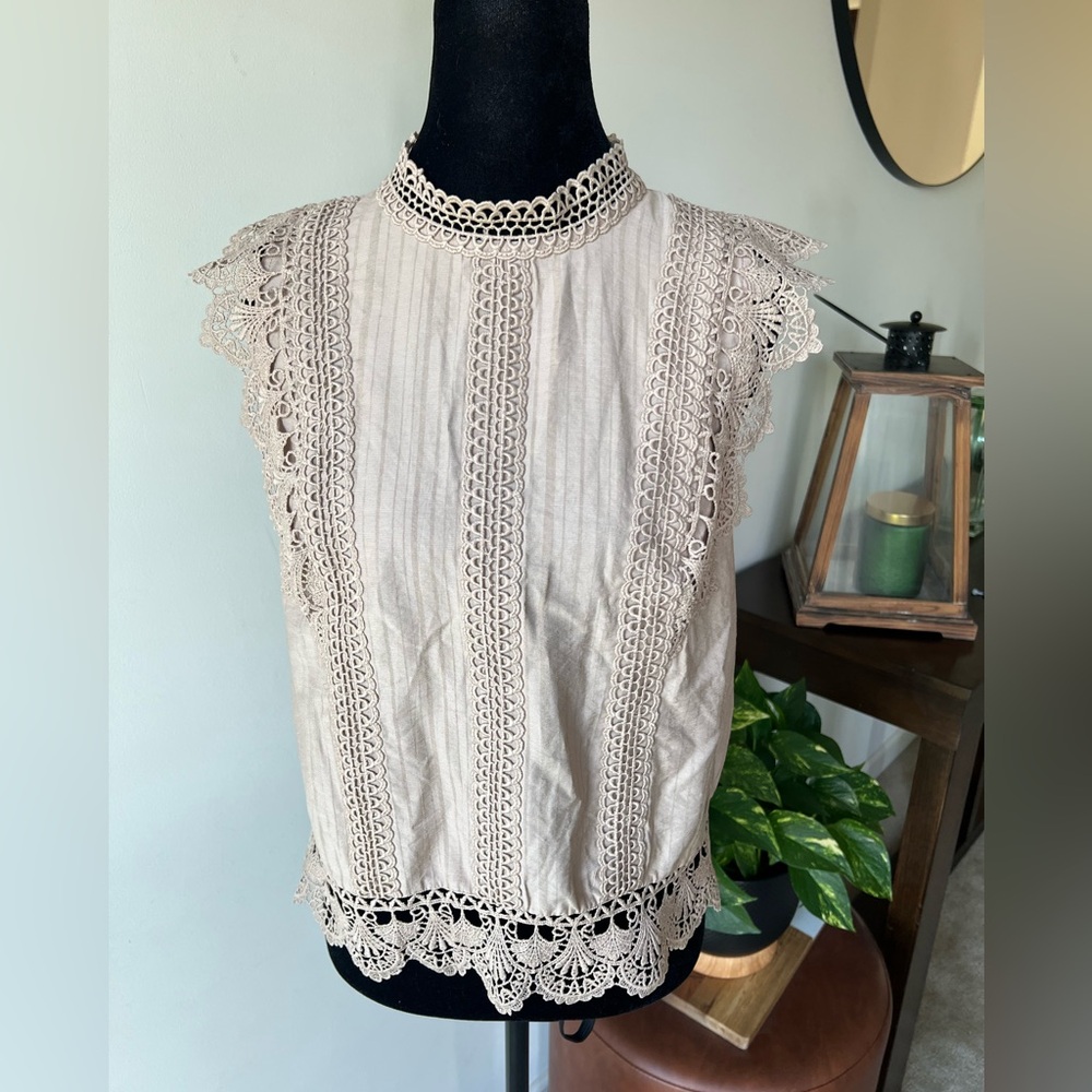 Mine Taupe Lace-Trim Cap Sleeve Blouse